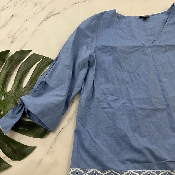 Talbots Embroidered Trim Tunic Top Size L Blue White Tie 3/4 Sleeve Blouse - Picture 4 of 12